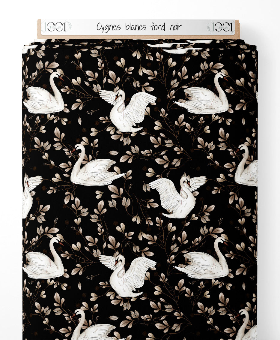 Tissu - Cygnes blancs sur fond noir