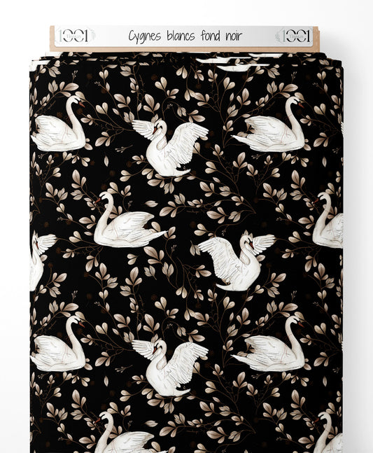 Tissu - Cygnes blancs sur fond noir