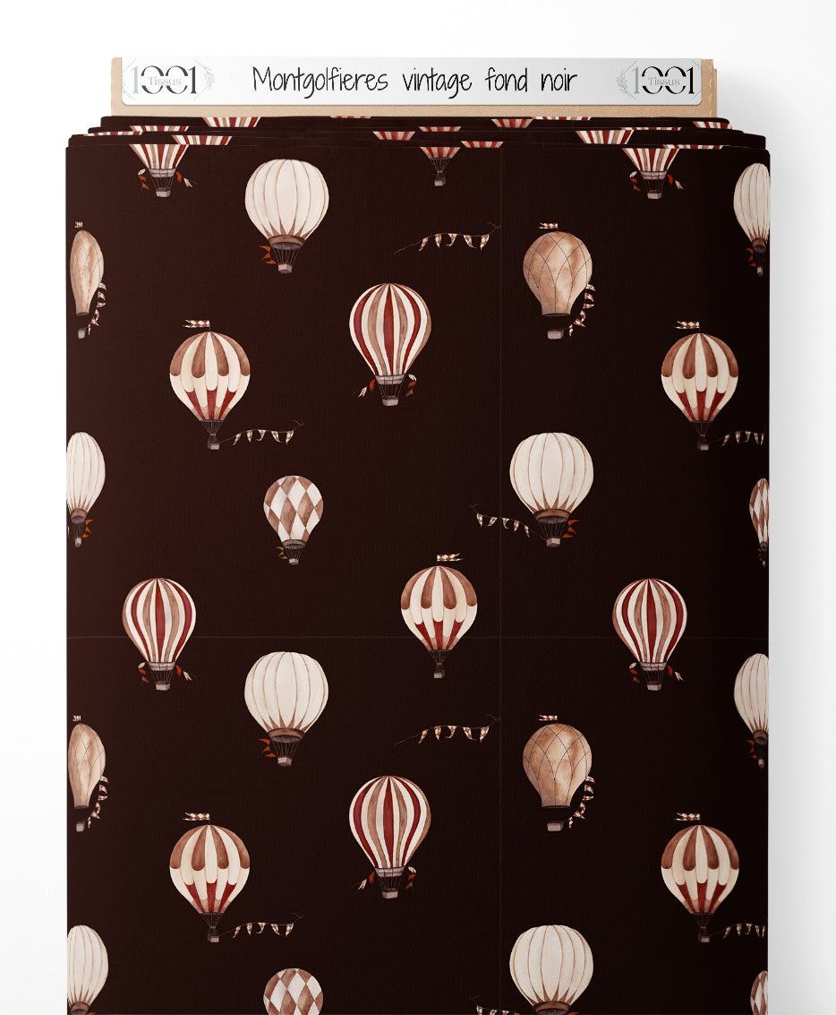 Tissu - Montgolfières vintage sur fond noir