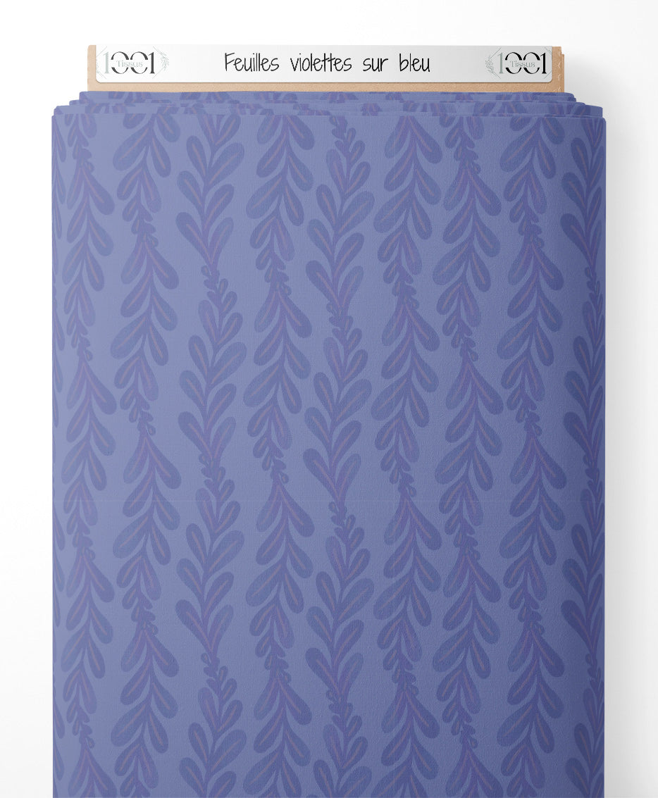 Tissu - Feuilles violettes sur bleu