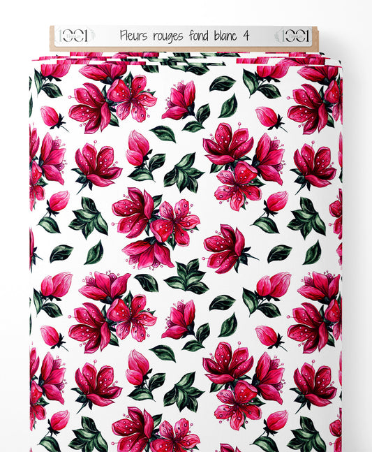 Tissu - Fleurs rouges sur fond blanc 4