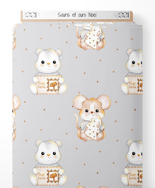 Tissu - Souris et ours Noël