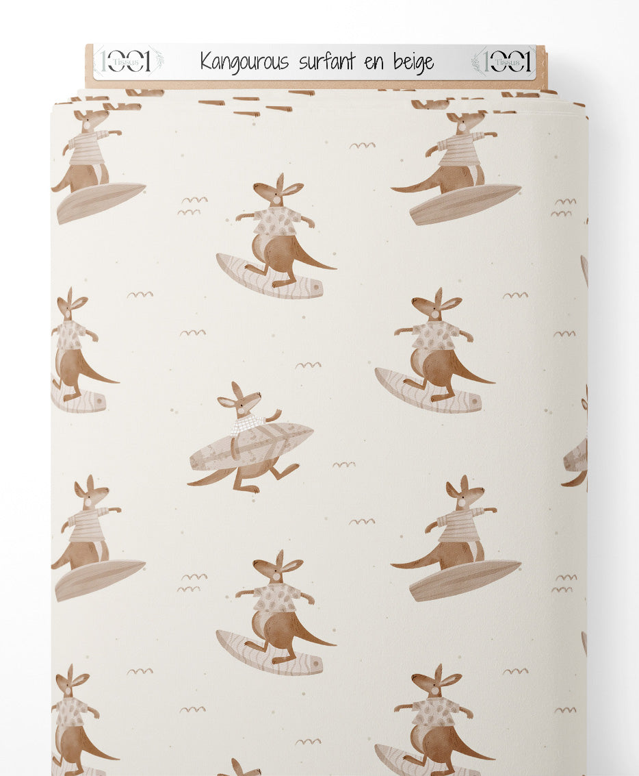 Tissu - Kangourous surfant en beige