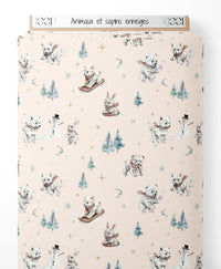 Tissu - Animaux et sapins enneigés