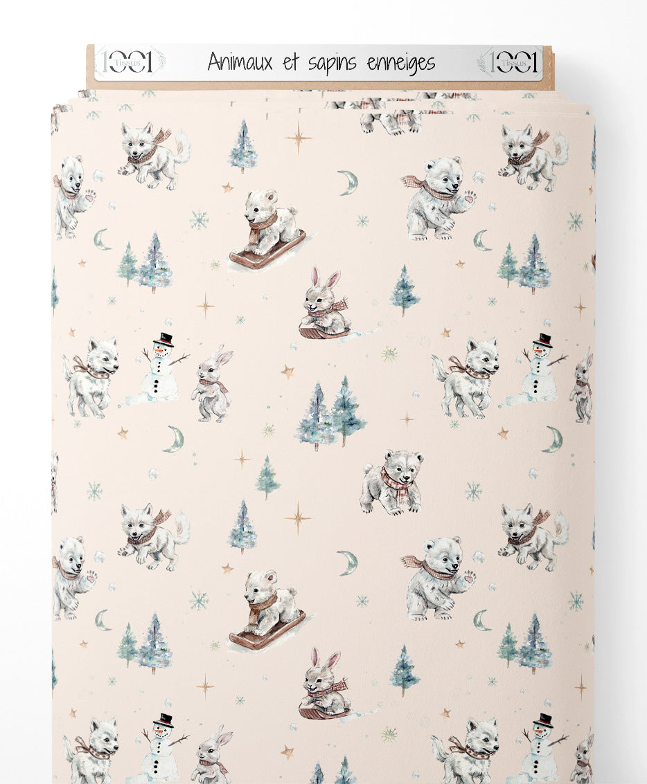 Tissu - Animaux et sapins enneigés