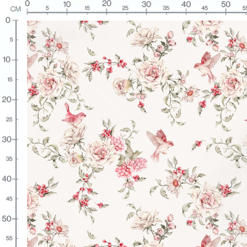 Tissu - Oiseaux roses sur fond crème 2