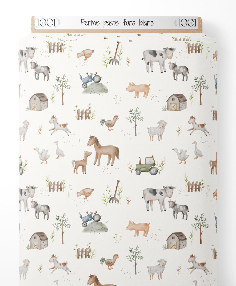 Tissu - Ferme pastel sur fond blanc