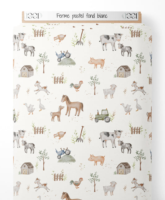 Tissu - Ferme pastel sur fond blanc