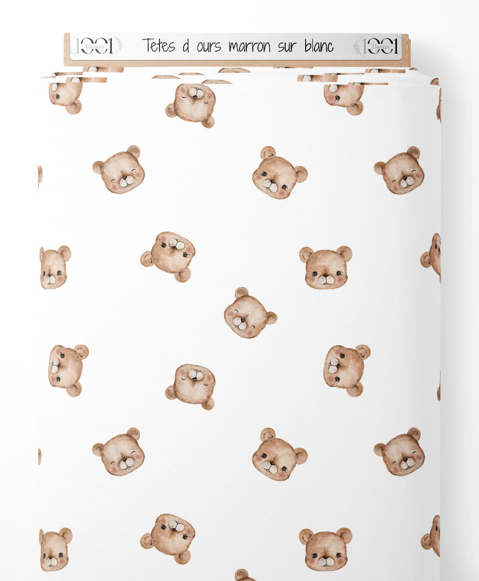 Tissu - Têtes d'ours marron sur blanc