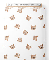 Tissu - Têtes d'ours marron sur blanc