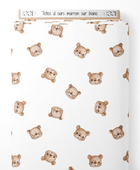 Tissu - Têtes d'ours marron sur blanc