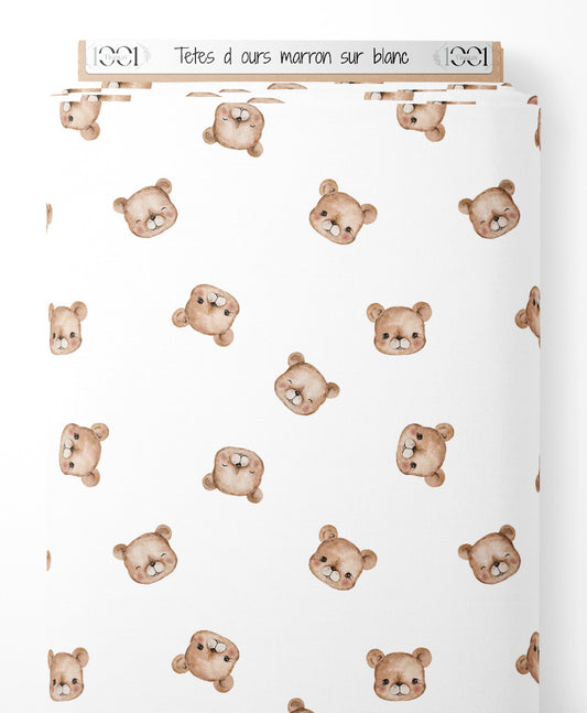 Tissu - Têtes d'ours marron sur blanc