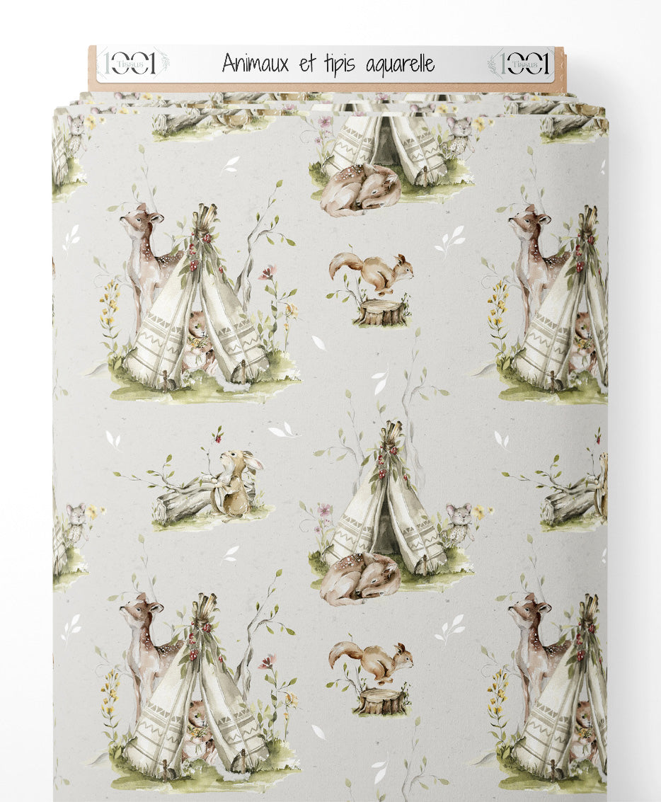 Tissu - Animaux et tipis aquarelle