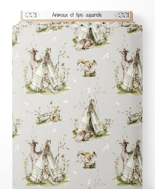 Tissu - Animaux et tipis aquarelle