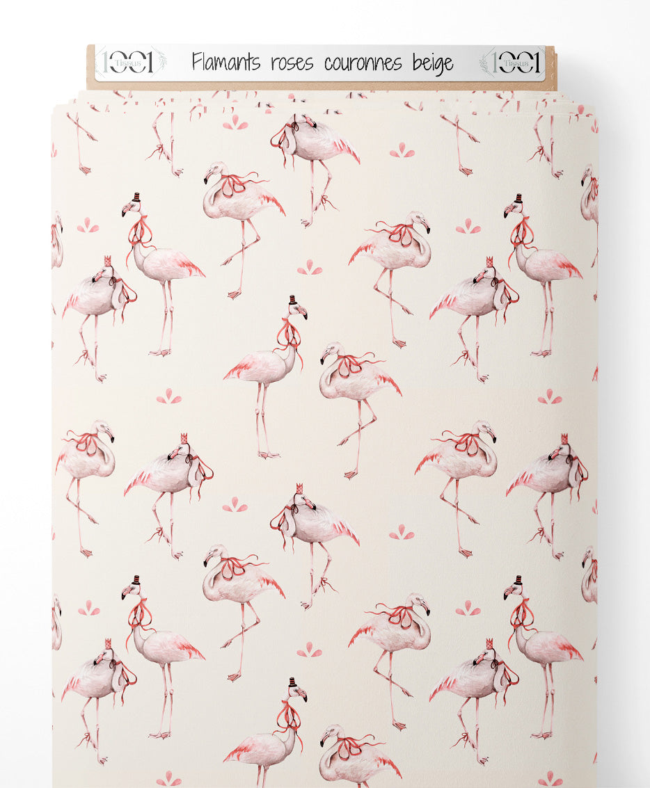 Tissu - Flamants roses couronnés beige