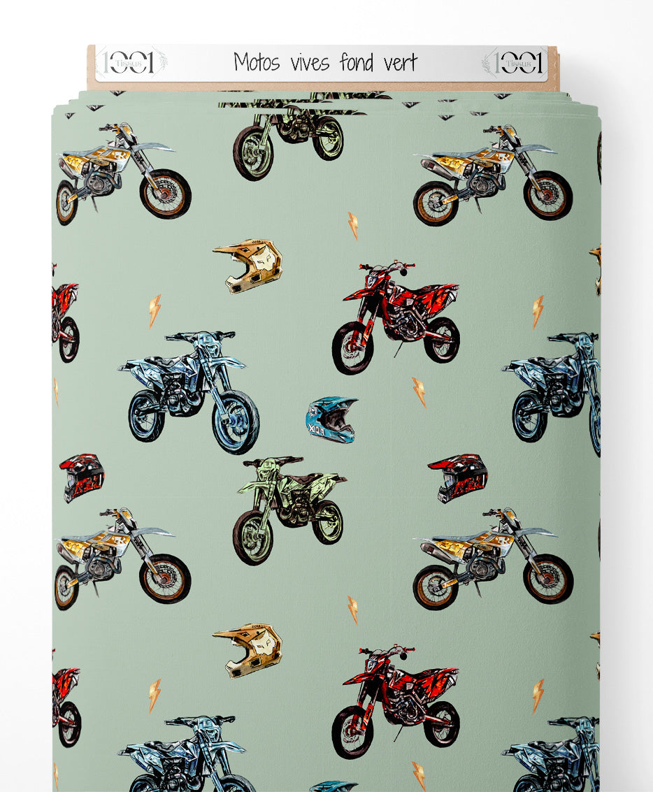 Tissu - Motos vives sur fond vert