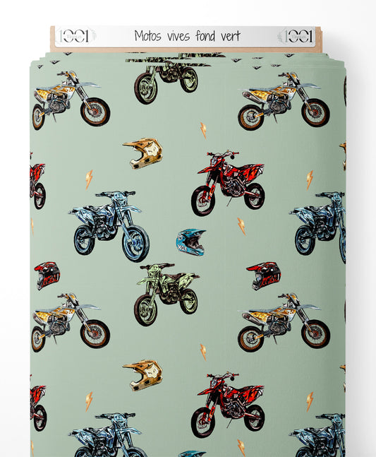 Tissu - Motos vives sur fond vert