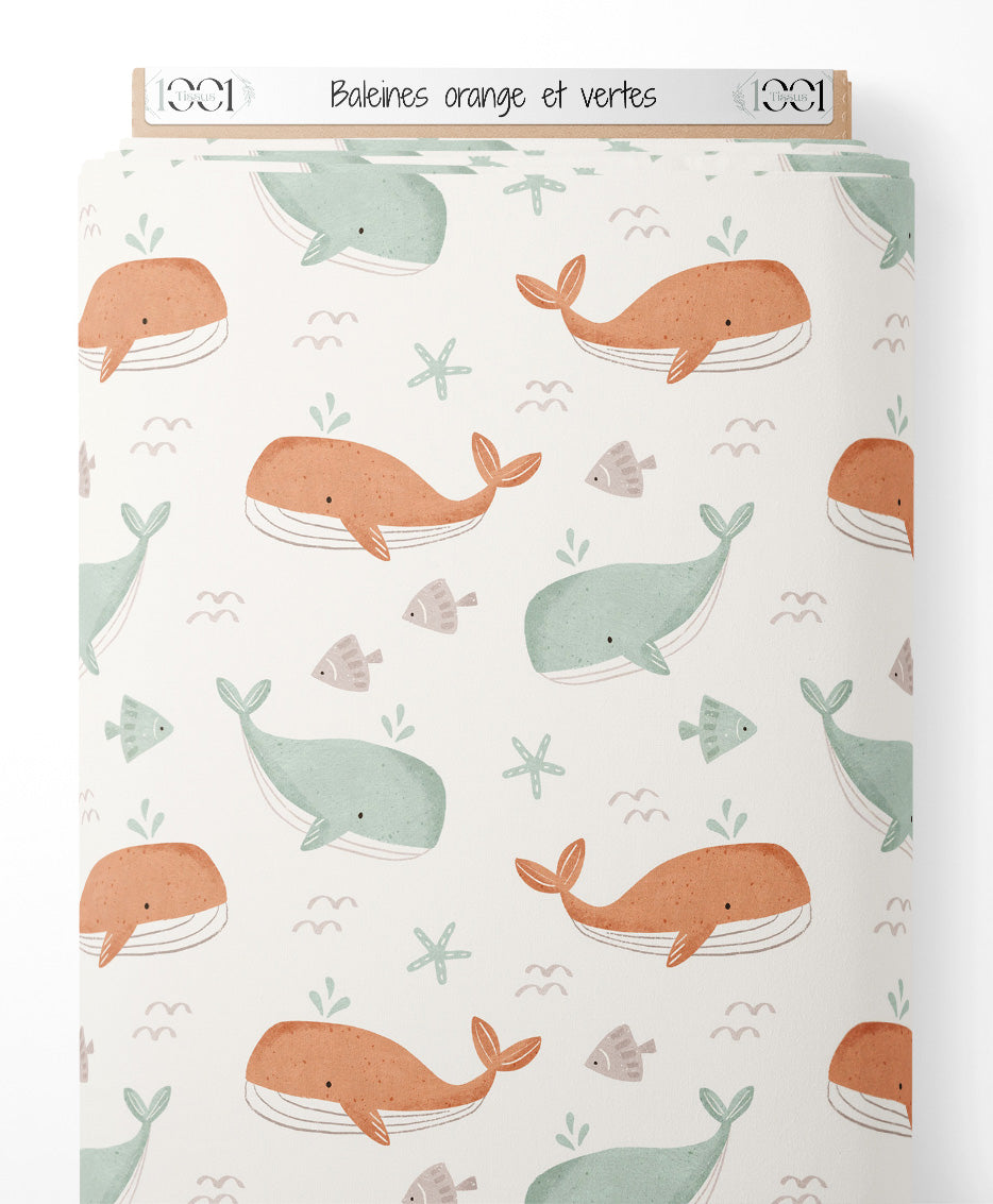 Tissu - Baleines orange et vertes