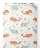 Tissu - Baleines orange et vertes