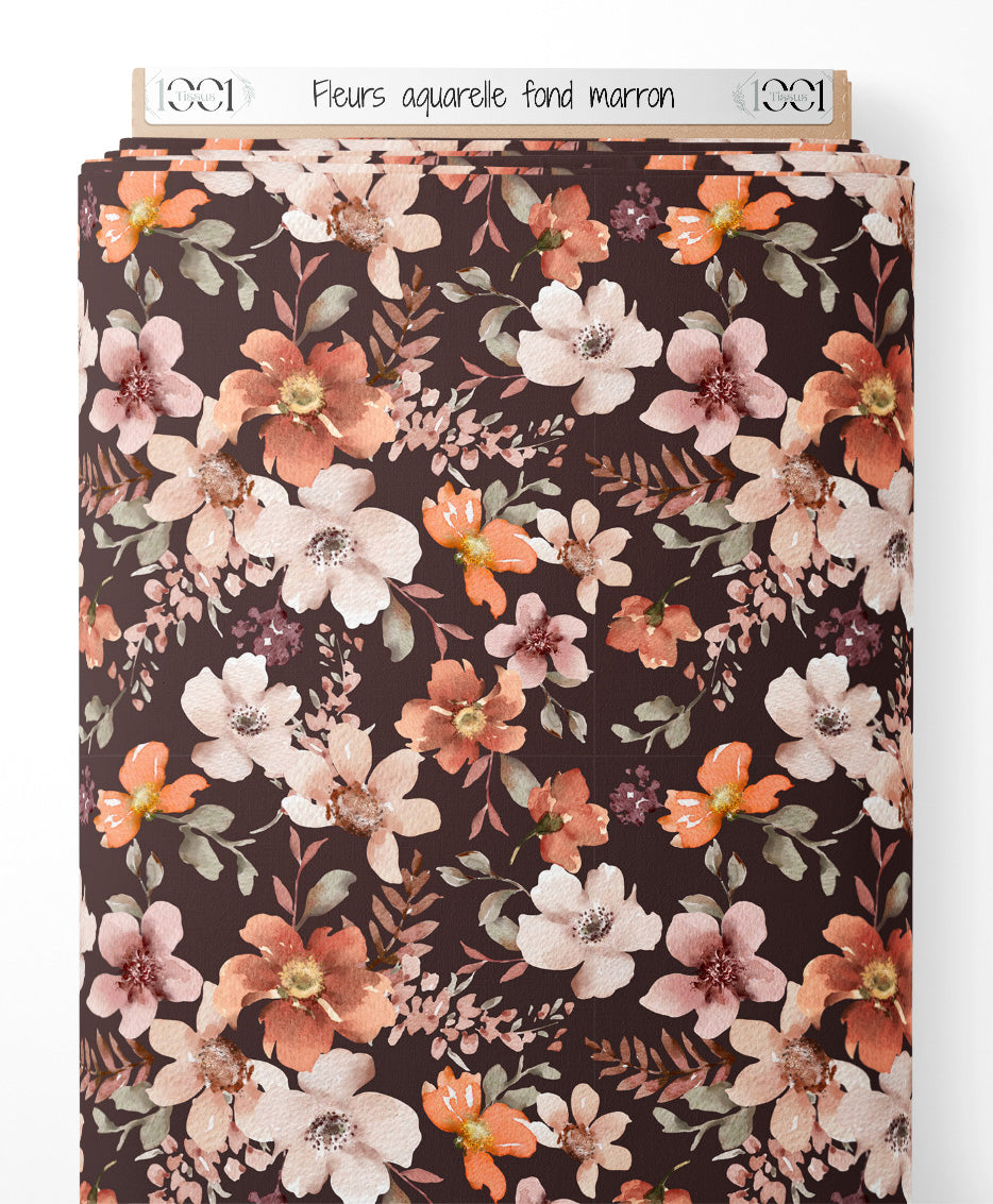 Tissu - Fleurs aquarelle fond marron