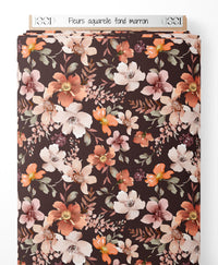 Tissu - Fleurs aquarelle fond marron