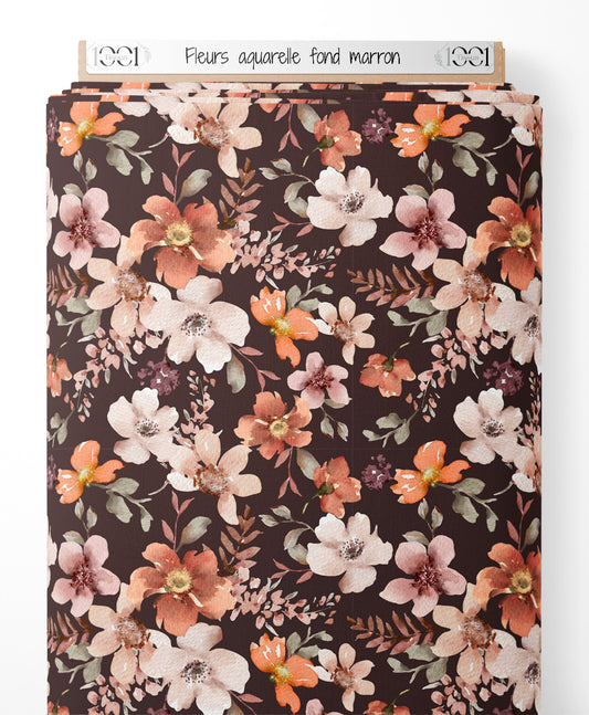 Tissu - Fleurs aquarelle fond marron