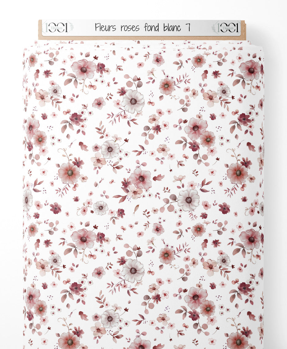 Tissu - Fleurs roses sur fond blanc 7