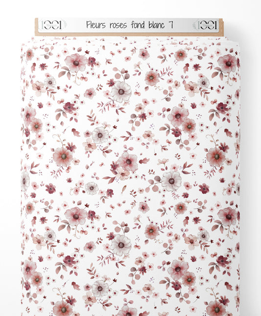 Tissu - Fleurs roses sur fond blanc 7