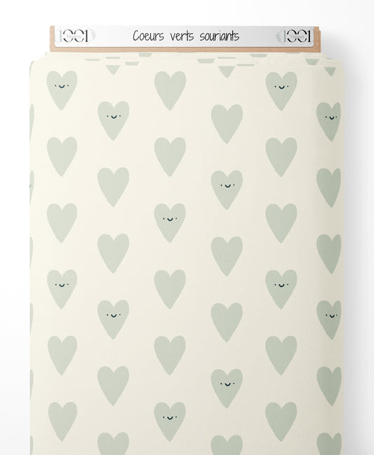 Tissu - Cœurs verts souriants