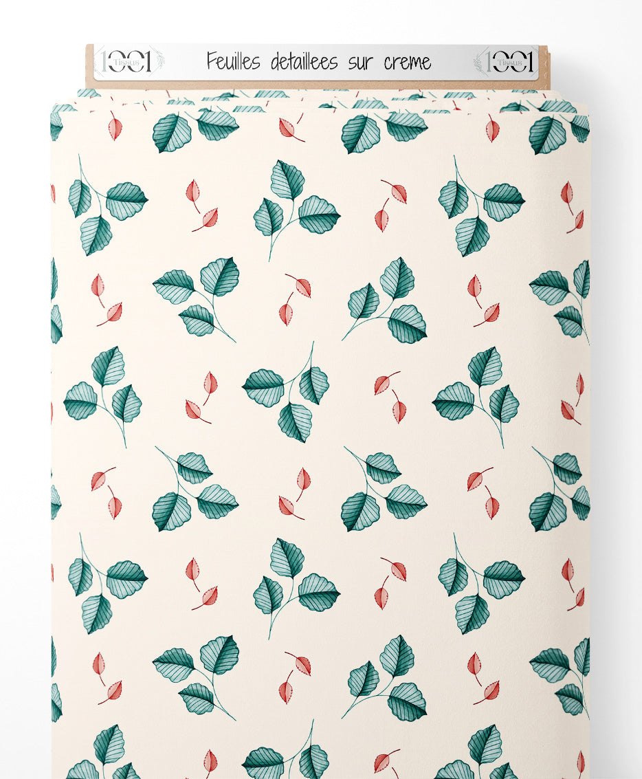 Tissu - Feuilles détaillées sur crème
