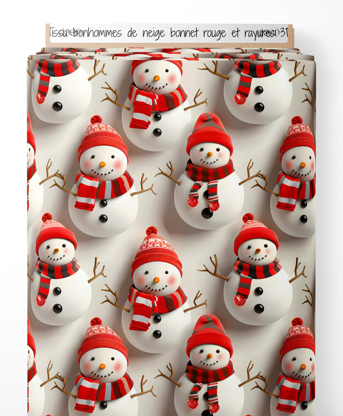 Tissu - bonhommes de neige bonnet rouge et rayures 3D
