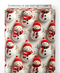 Tissu - bonhommes de neige bonnet rouge et rayures 3D