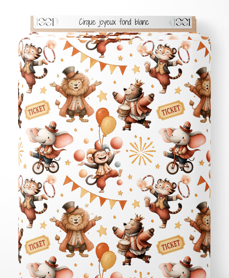 Tissu - Cirque joyeux sur fond blanc
