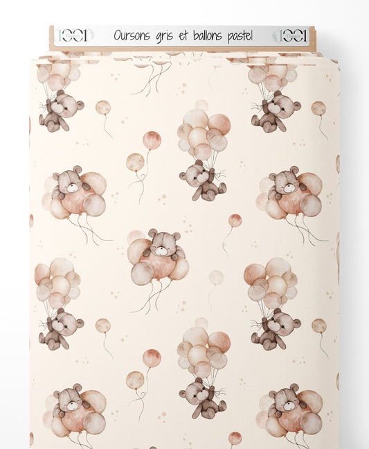 Tissu - Oursons gris et ballons pastel