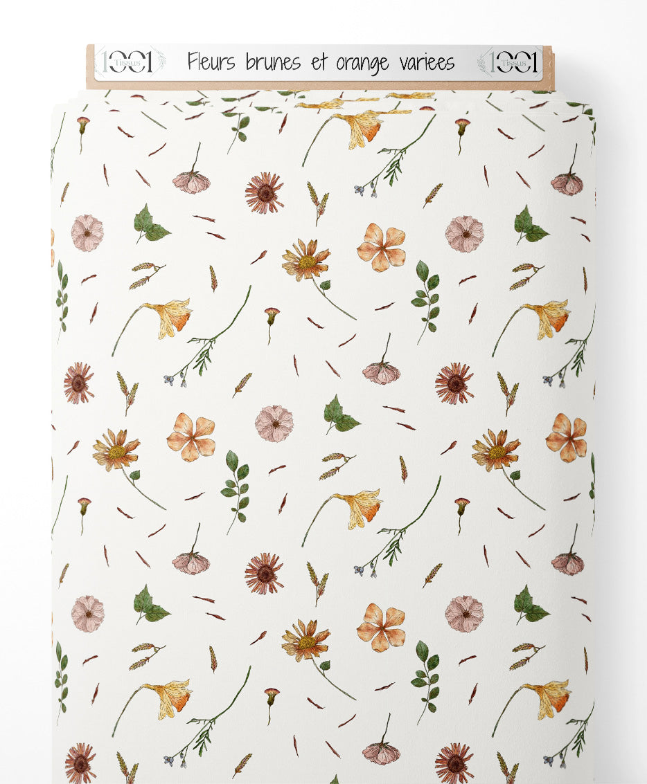 Tissu - Fleurs brunes et orange variées