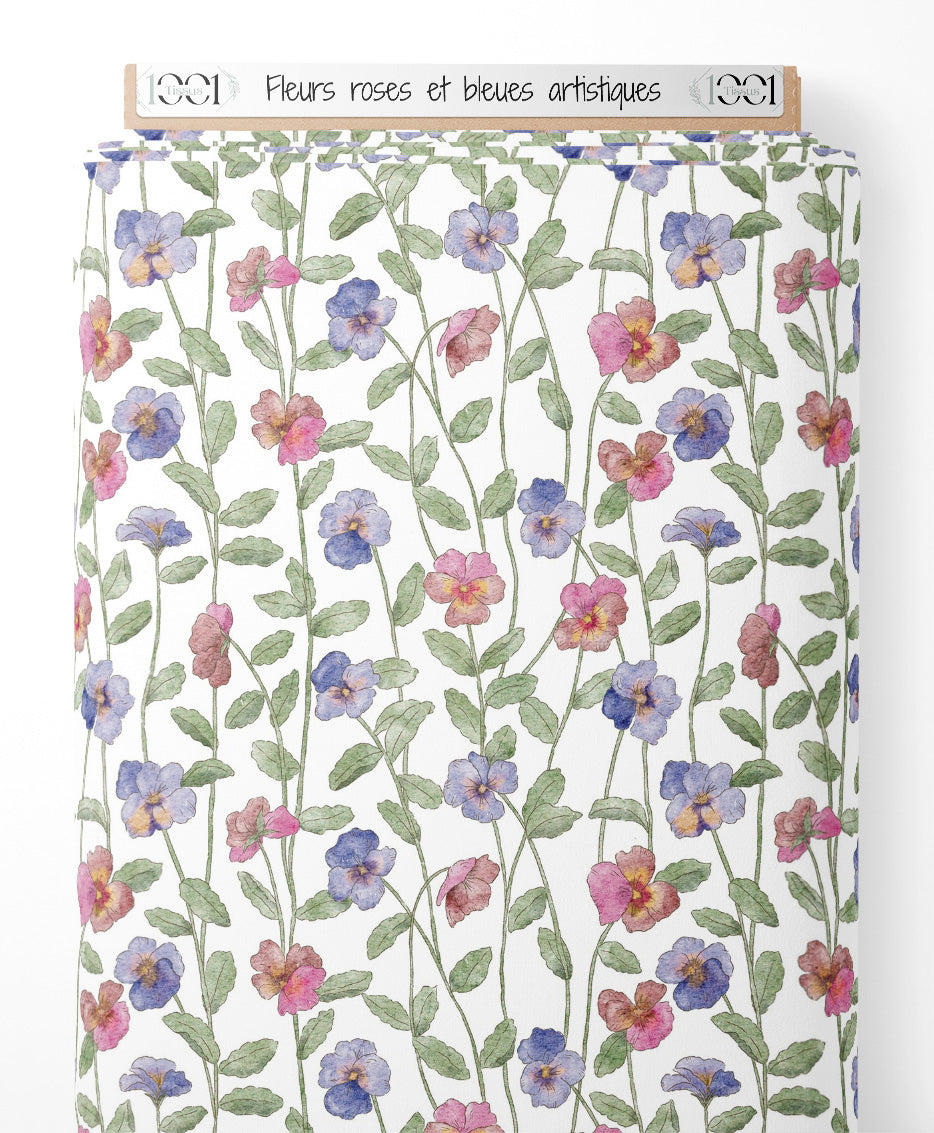 Tissu - Fleurs roses et bleues artistiques