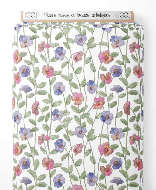 Tissu - Fleurs roses et bleues artistiques