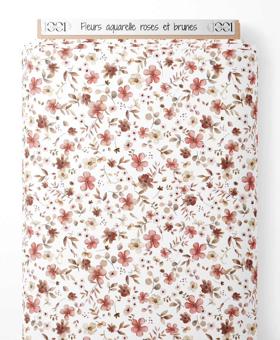 Tissu - Fleurs aquarelle roses et brunes
