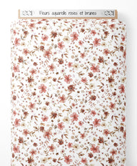 Tissu - Fleurs aquarelle roses et brunes