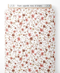 Tissu - Fleurs aquarelle roses et brunes