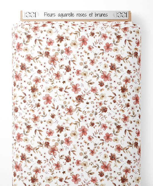 Tissu - Fleurs aquarelle roses et brunes