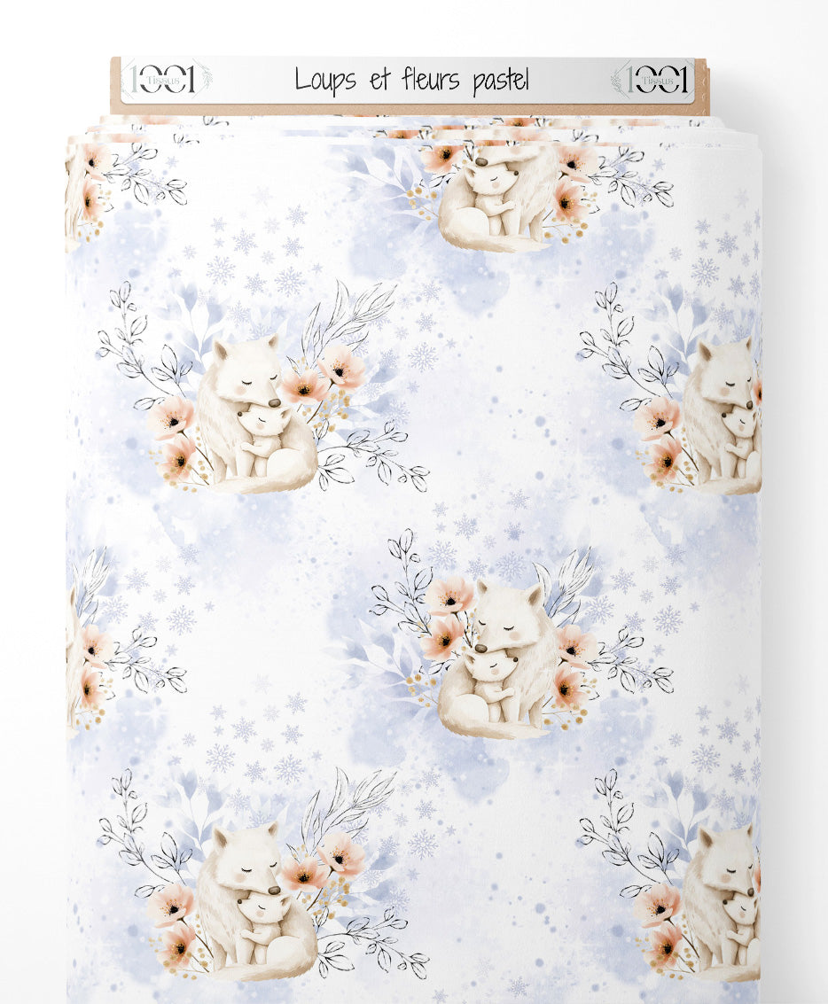 Tissu - Loups et fleurs pastel