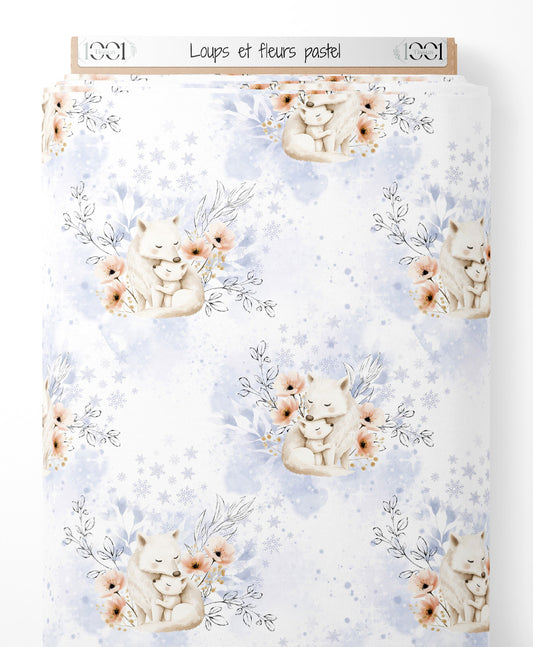 Tissu - Loups et fleurs pastel