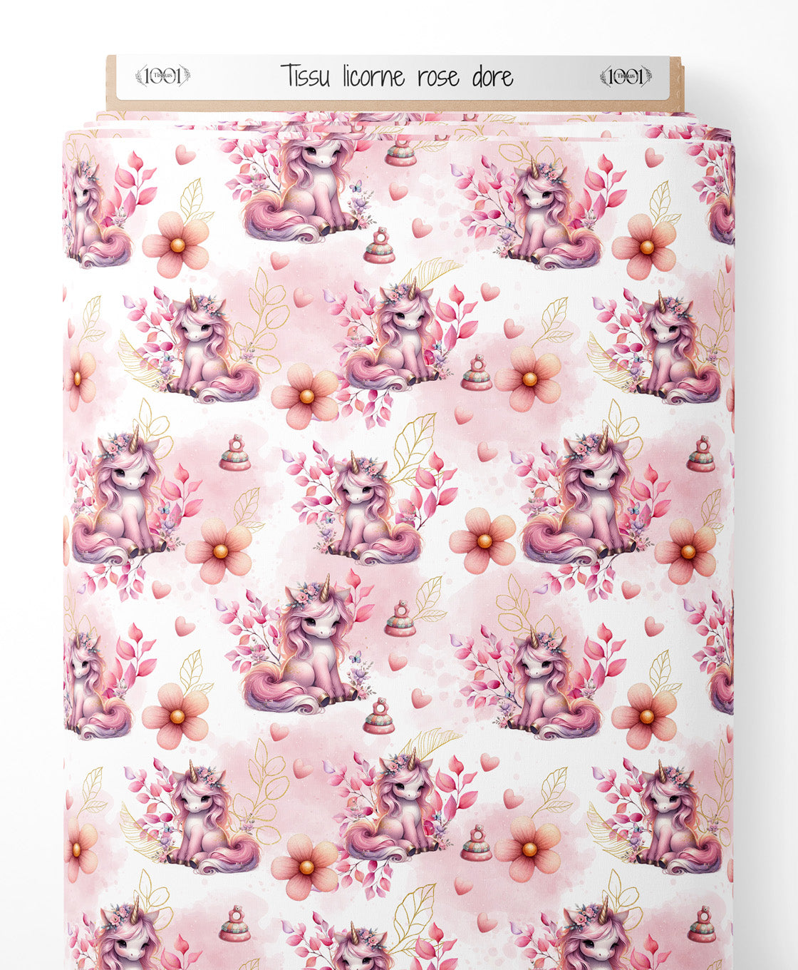 Tissu - licorne rose dore