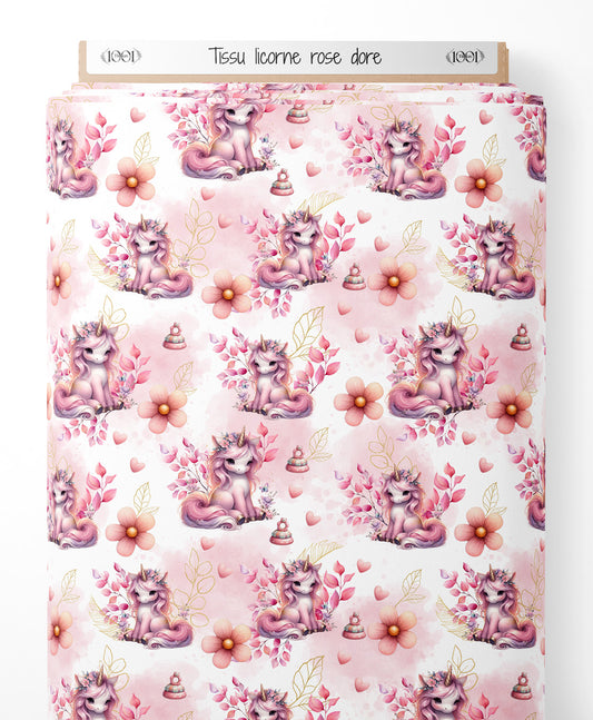 Tissu - licorne rose dore