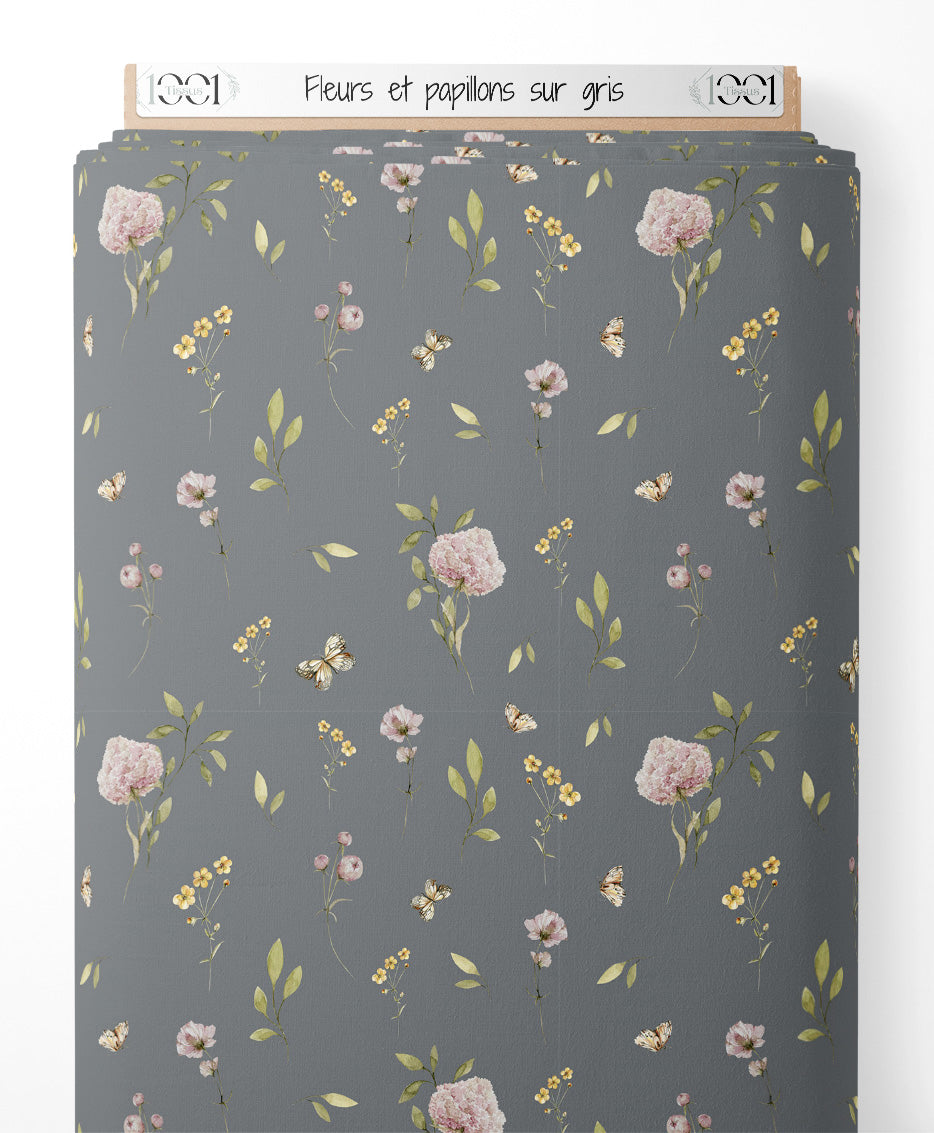 Tissu - Fleurs et papillons sur gris