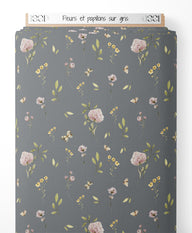 Tissu - Fleurs et papillons sur gris