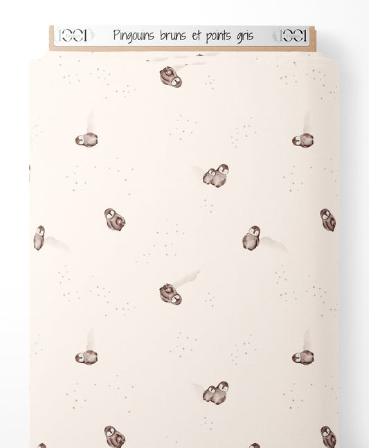 Tissu - Pingouins bruns et points gris