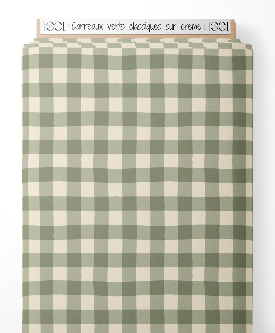 Tissu - Carreaux verts classiques sur crème