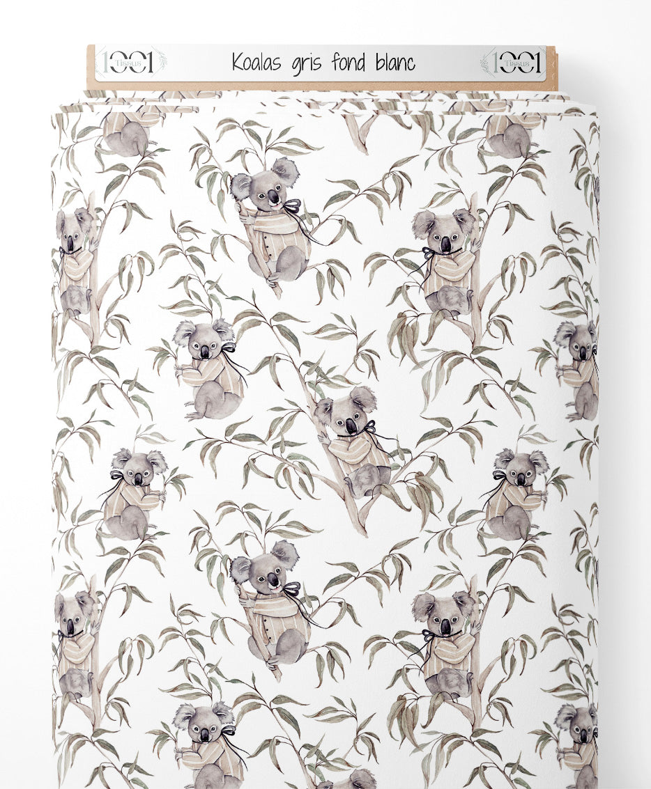 Tissu - Koalas gris sur fond blanc